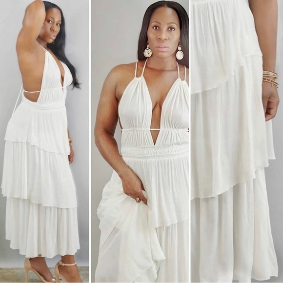 Plunge Front Backless Tiered Ruffle Summer Beach Maxi Dress in White - Picture 3 of 5